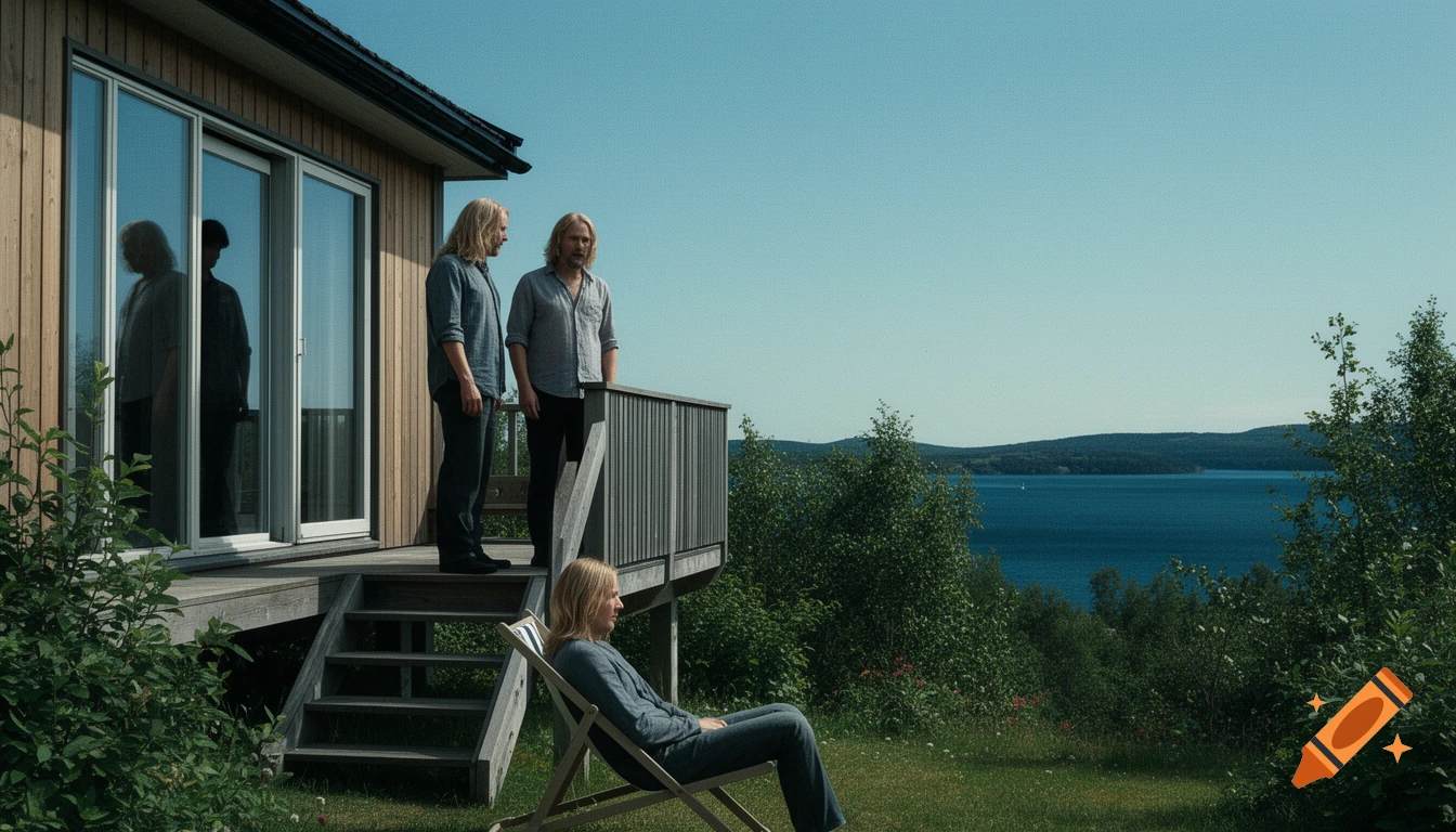 Realist painting of three men on the terrace of a modern wooden house in Sweden overlooking a fjord, with another man sitting below.
