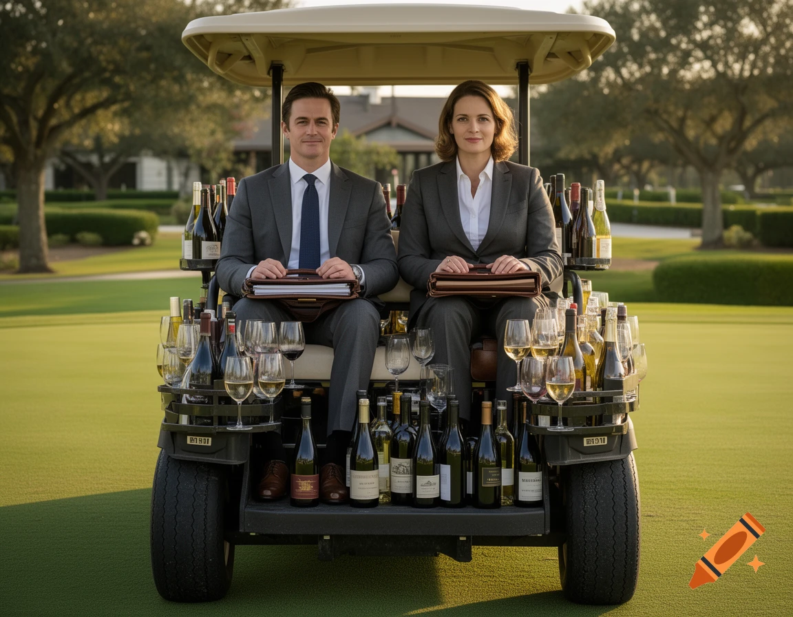 Photorealistic image of a businessman and businesswoman in suits sitting in a golf cart completely overflowing with wine bottles and wine glasses on a golf course.
