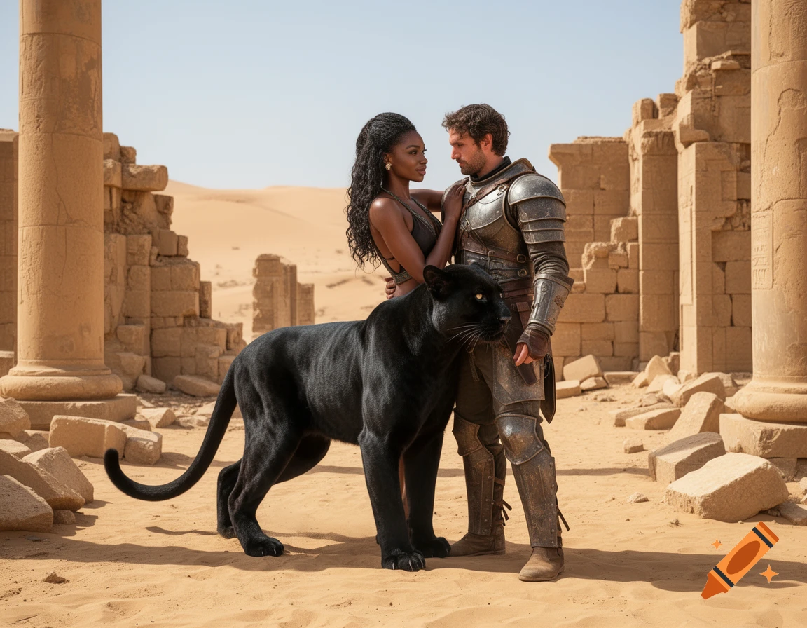Photorealistic scene of a woman with long black hair, an armored man, and a large black panther standing in desert ruins.