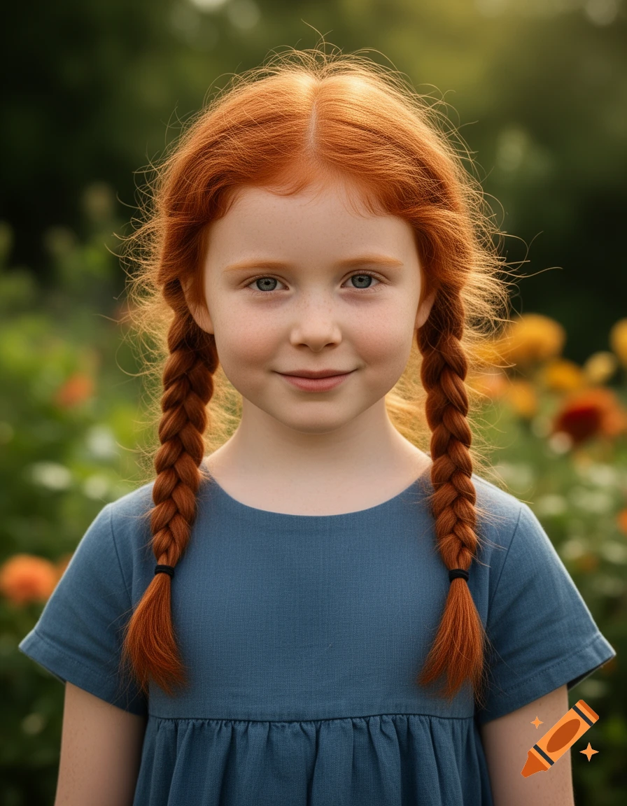 Close-up photorealistic portrait of a young girl with bright red hair in two braided pigtails, smiling gently in a garden setting.
