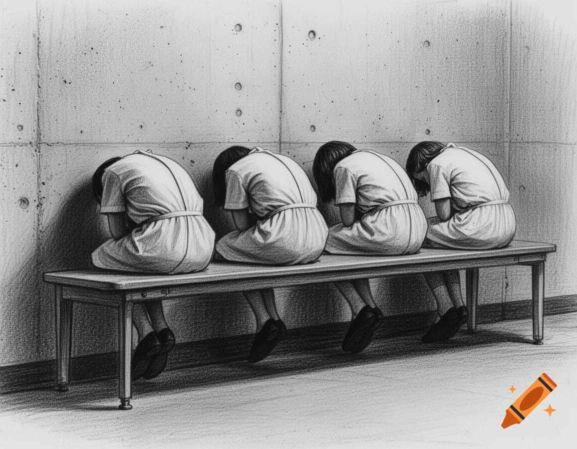 Charcoal and pencil sketch of four young girls in hospital gowns sitting in a rigid posture on a wooden bench against a concrete wall.