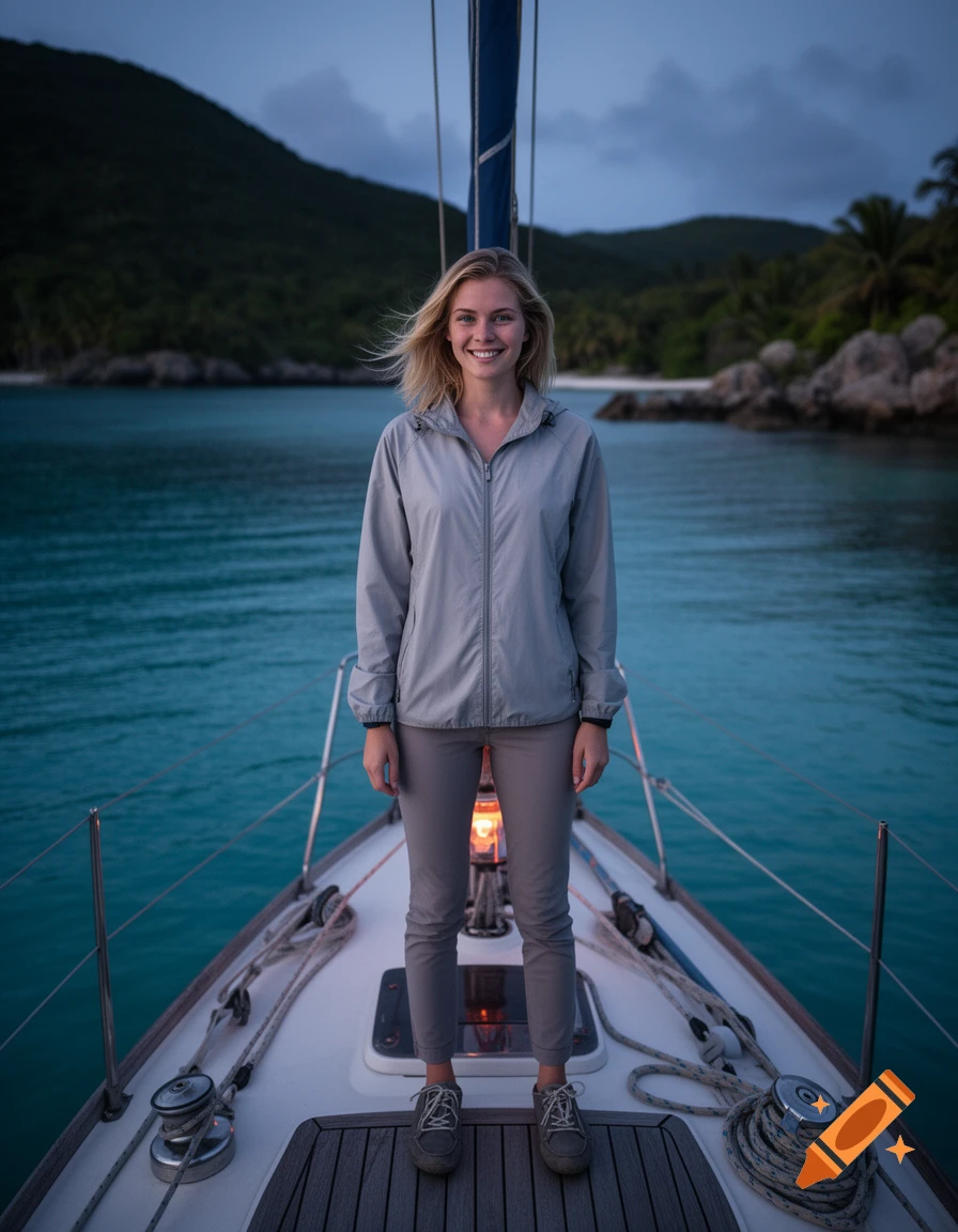 Photorealistic full-body shot of a young woman smiling on a sailboat in a tropical bay at dusk.