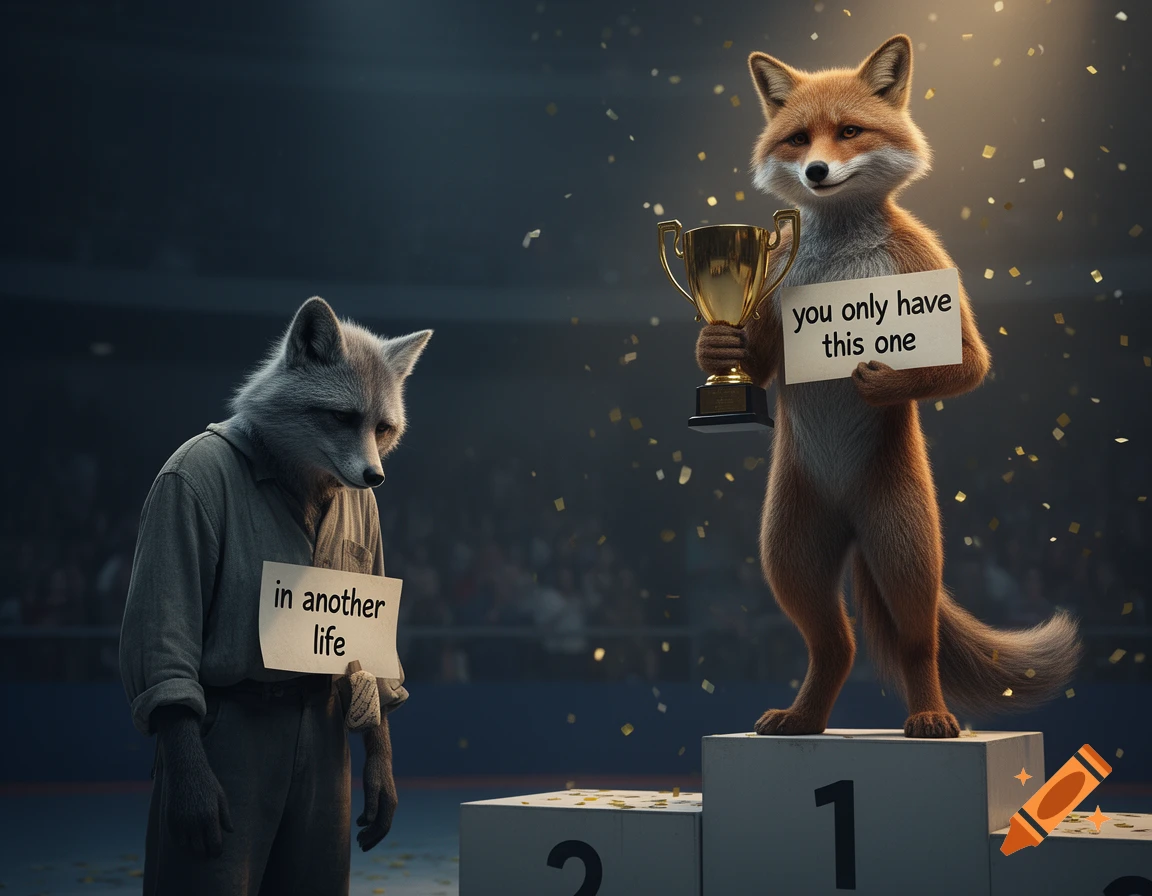 An anthropomorphic gray fox stands sadly on a losing podium with a sign saying 'in another life', while a triumphant red fox holds a trophy on a winning podium with a sign saying 'you only have this one'.
