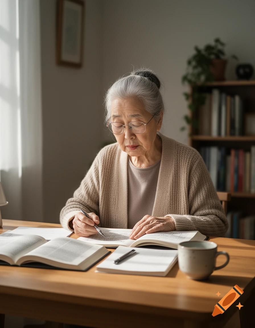 Photorealistic image of an elderly East Asian woman with gray hair in a bun, wearing glasses and a cardigan, studying and writing at a wooden table with books and a coffee mug.