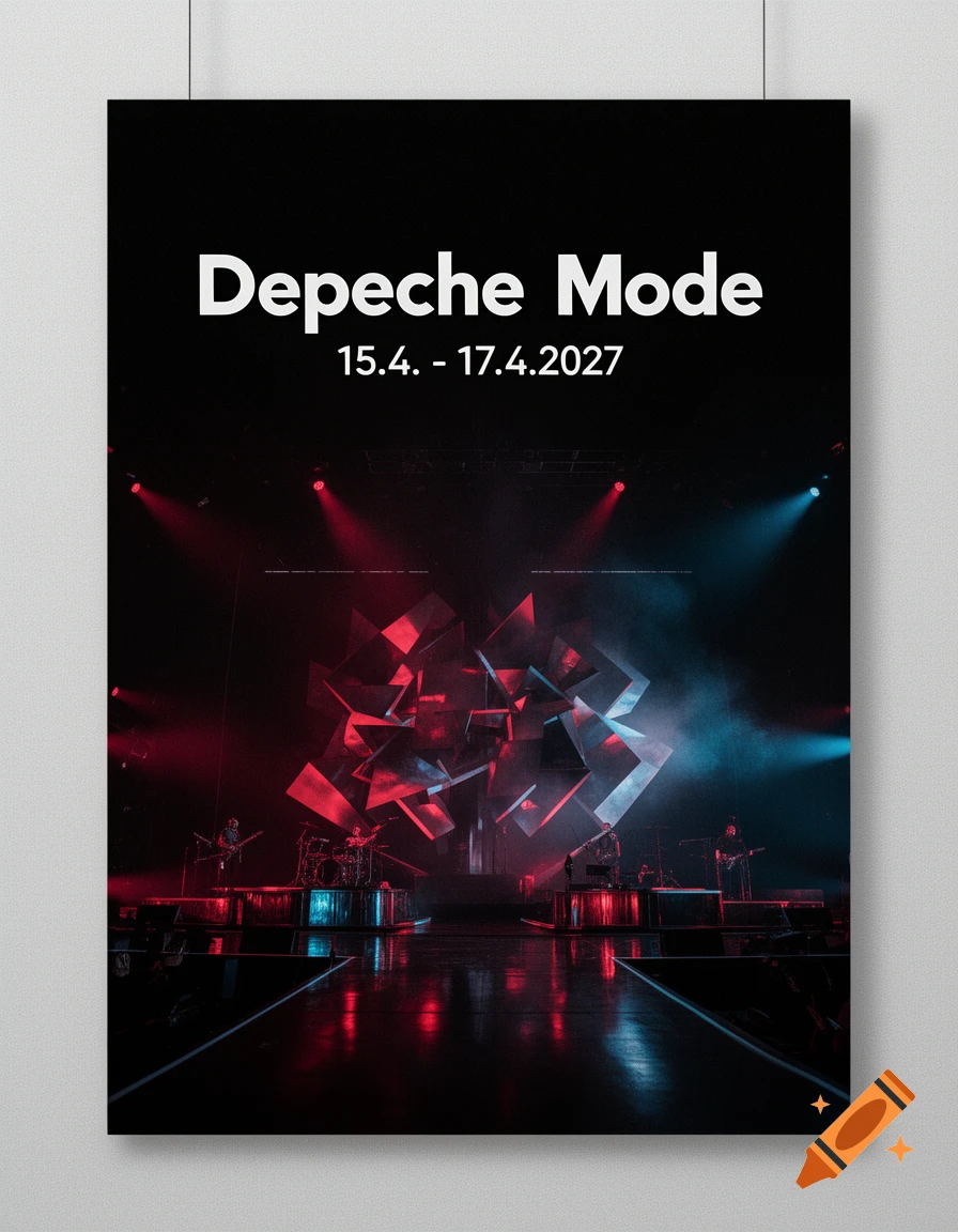 Concert poster for Depeche Mode with dates 15.4. - 17.4.2027, featuring a dark stage with red and blue lighting and geometric structures.