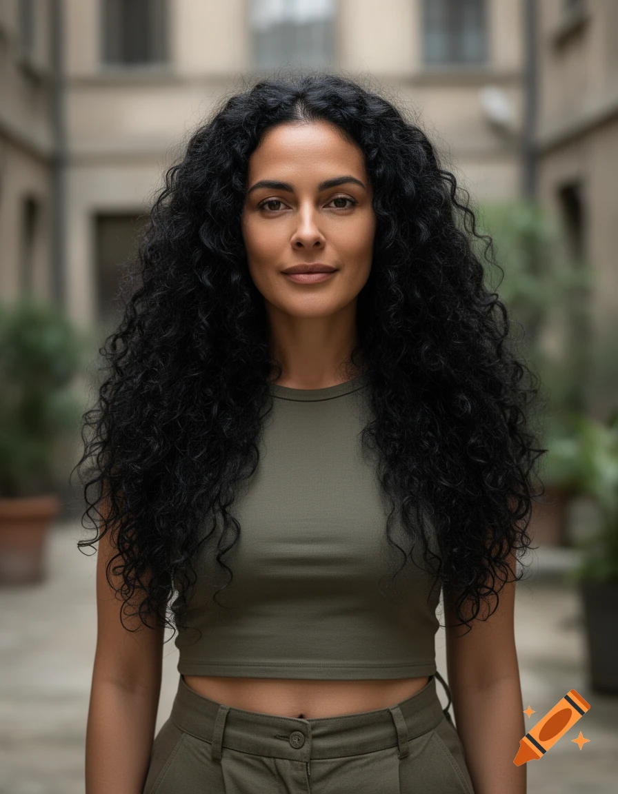 Photorealistic portrait of a woman with long curly black hair and an olive green crop top standing in a courtyard.