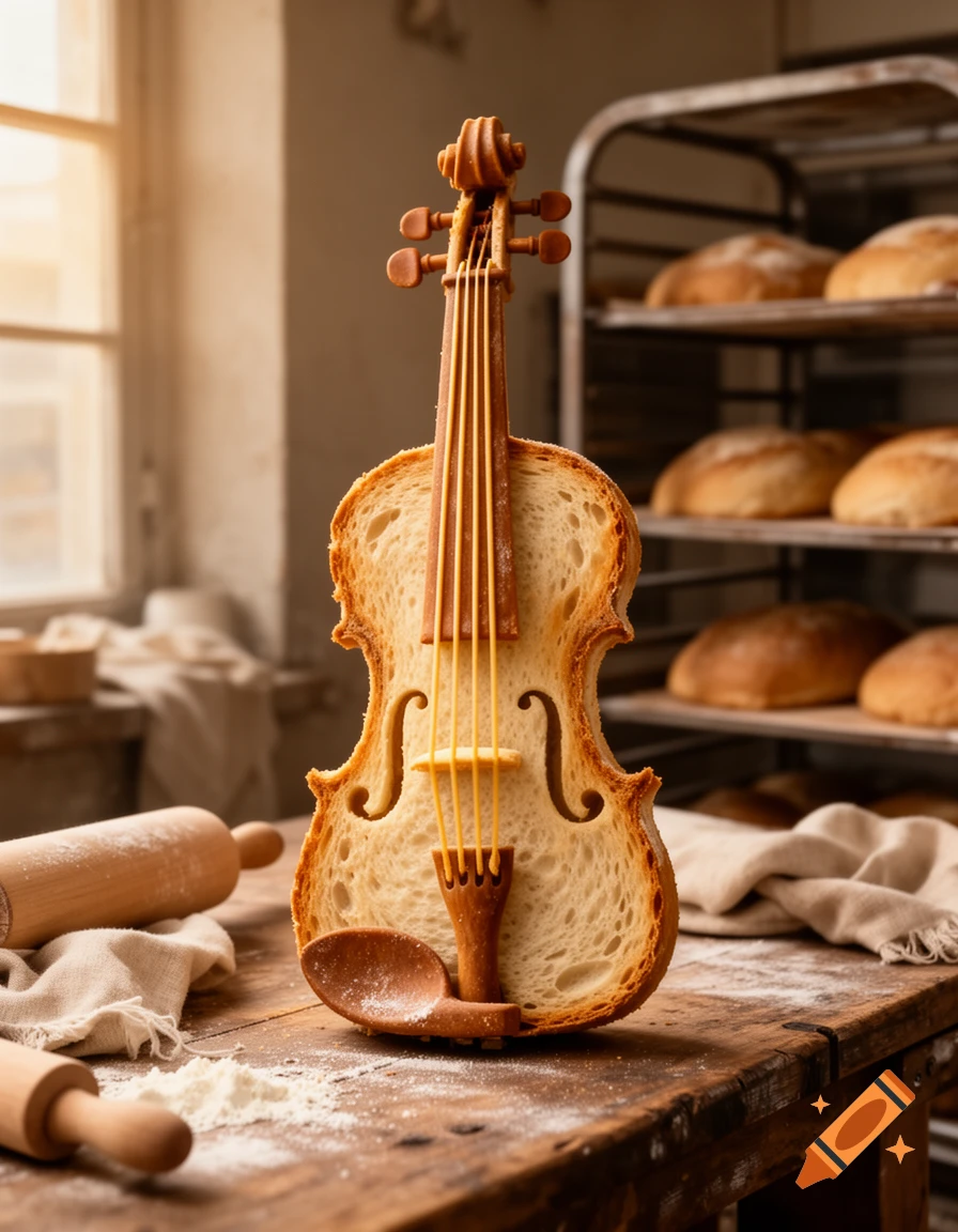 Photorealistic image of a violin ingeniously crafted from bread, sitting on a wooden bakery table with flour and rolling pins.