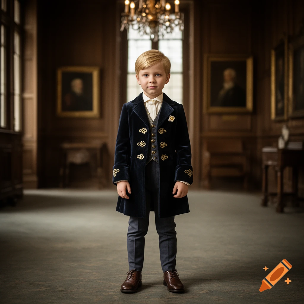 Photorealistic full-length portrait of a young blonde boy dressed in an elaborate velvet lord coat standing in a grand hall.