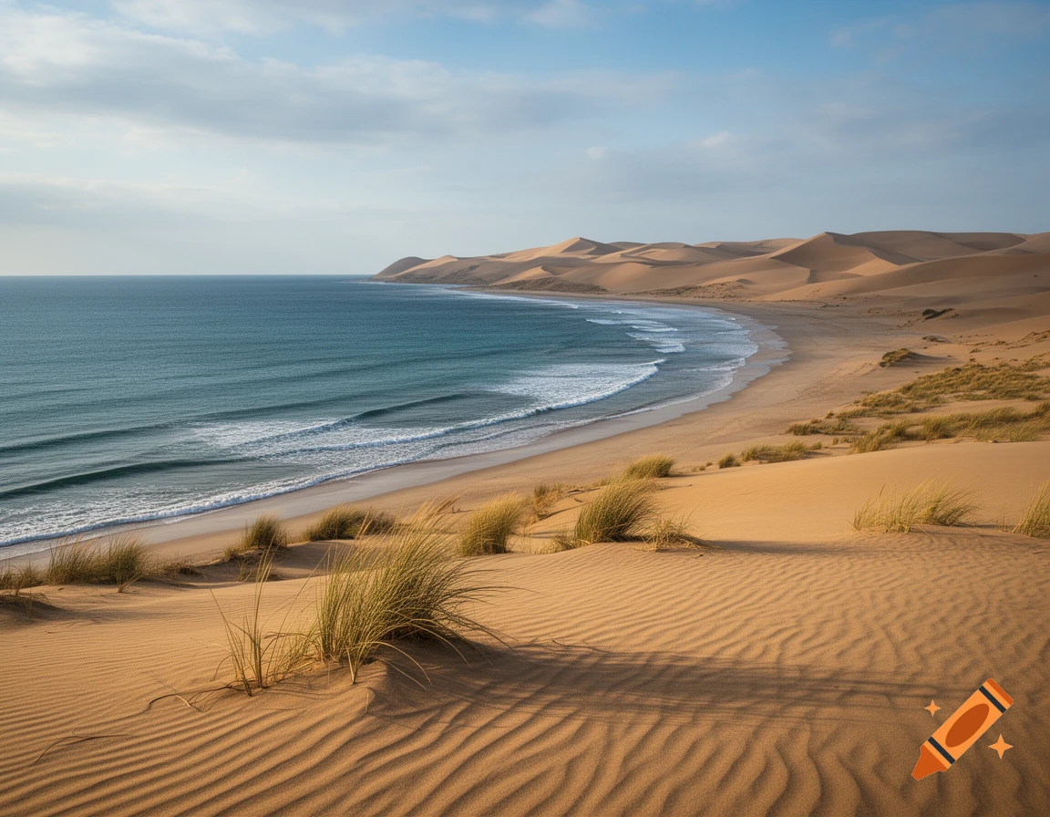 Photorealistic landscape of a calm ocean meeting a sandy beach with rolling dunes and grassy clumps under a partly cloudy sky.