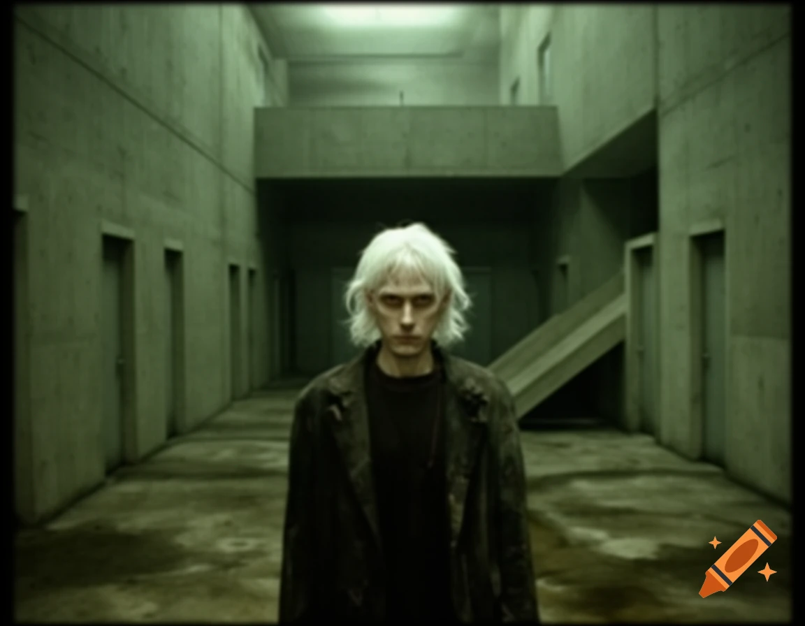 An eerie early-2000s photograph of a pale, white-haired man in a dark coat standing in a dim, brutalist concrete hallway.