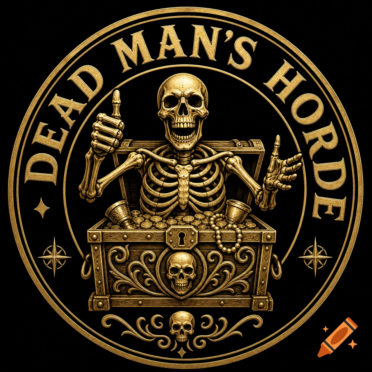 Gold metallic circular logo featuring a skeleton popping out of a treasure chest giving a thumbs up, with text reading Dead Man's Horde.