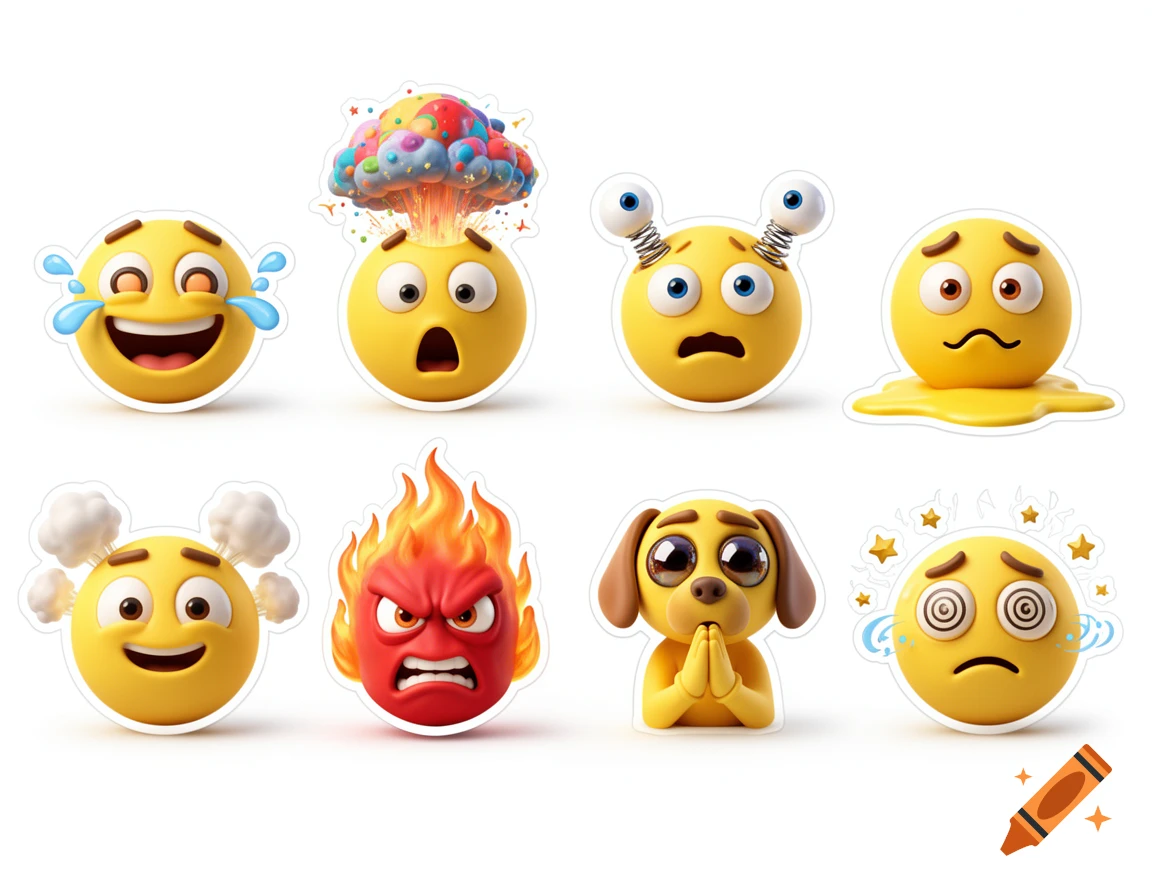 A sheet of stylized 3D game emojis in a Pixar render style, featuring various facial expressions on a white background.