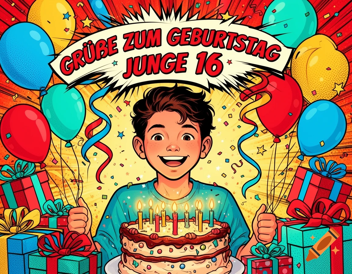Comic style illustration of a smiling boy holding birthday cake with lit candles surrounded by balloons and gifts.