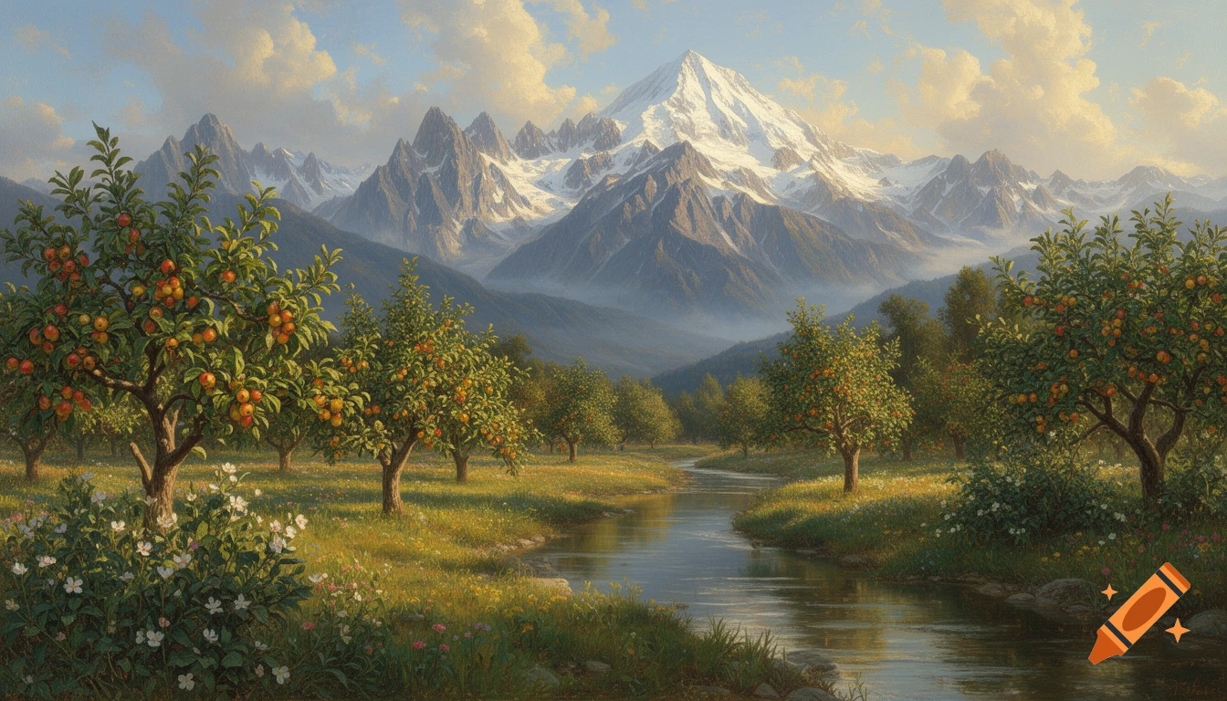 Hudson River School style panoramic landscape featuring a snow-capped mountain, a winding river, and an apple orchard.