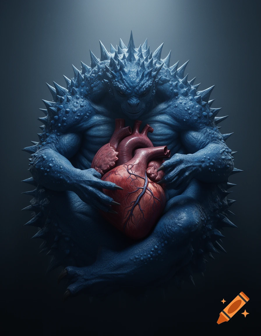 A large, spiky blue monster sitting in a dark space and gently holding a large human heart in its hands, photorealistic style.