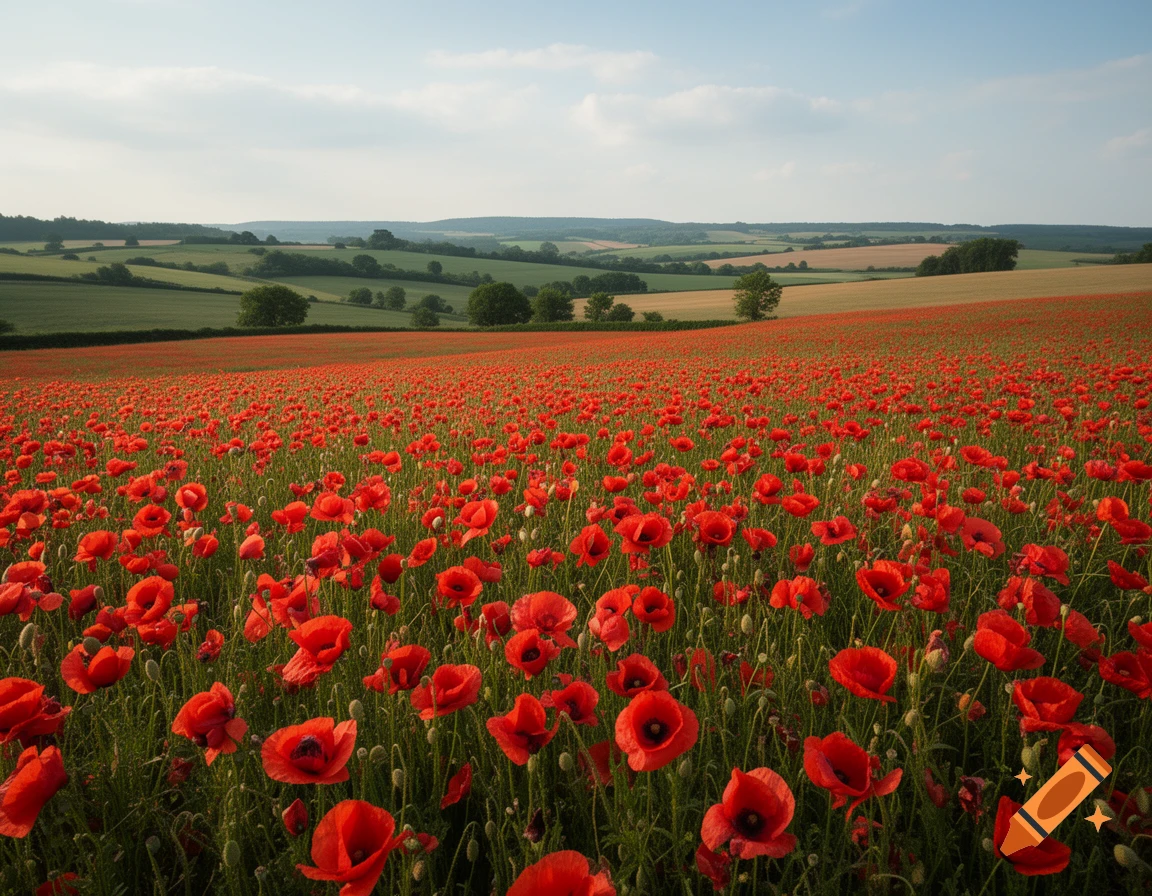 Photorealistic landscape of a vast field of vibrant red poppies under a bright blue sky with rolling hills in the background.