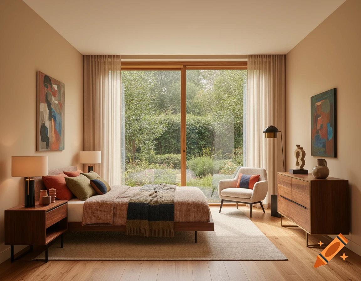 Modern master bedroom with a large wooden-framed glass window overlooking a green garden, beige walls, and mid-century modern furniture.