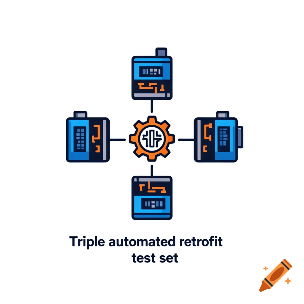 Vector icon depicting a triple automated retrofit test set with a central gear and surrounding blue modules.
