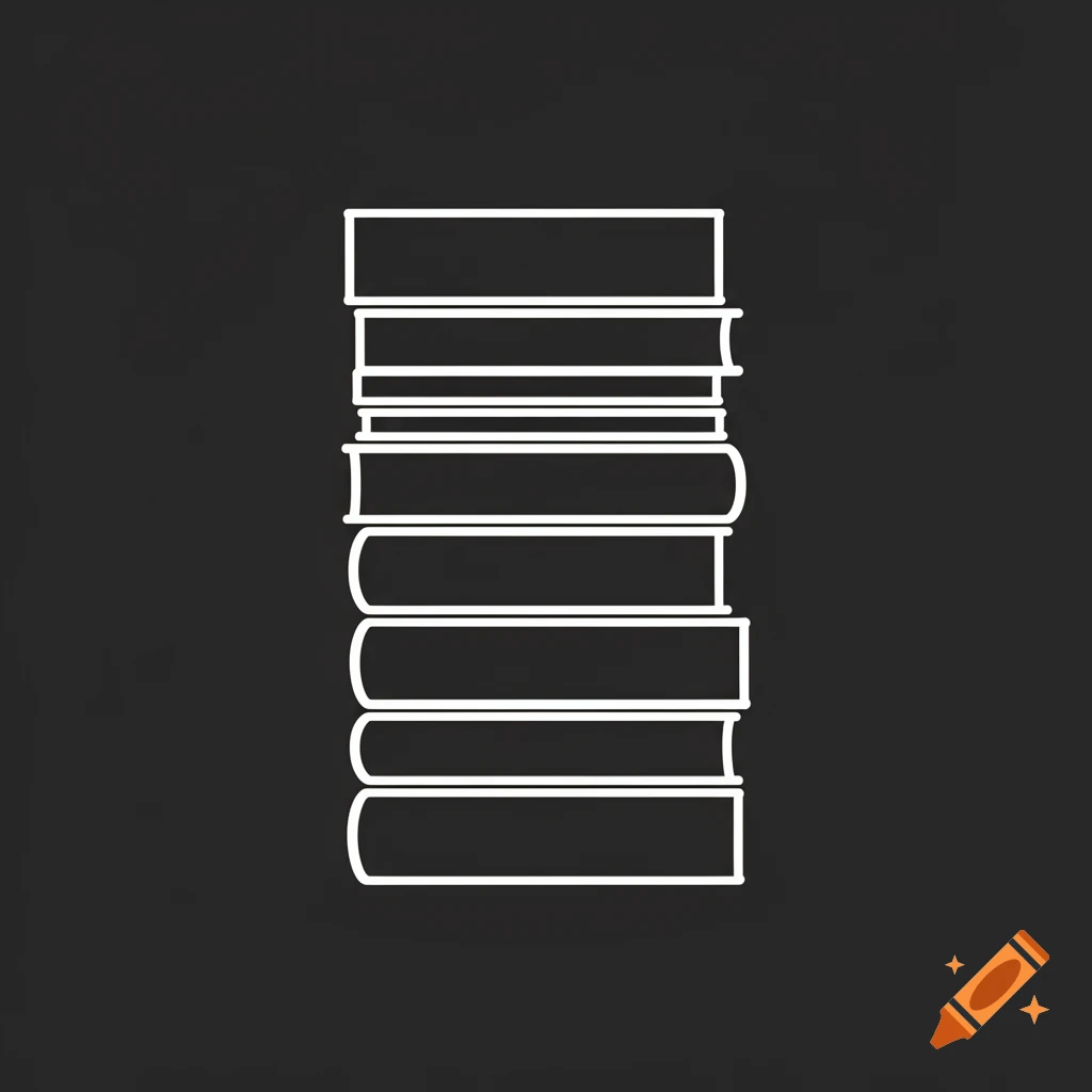 Simple white outline drawing of a stack of books on a dark background.