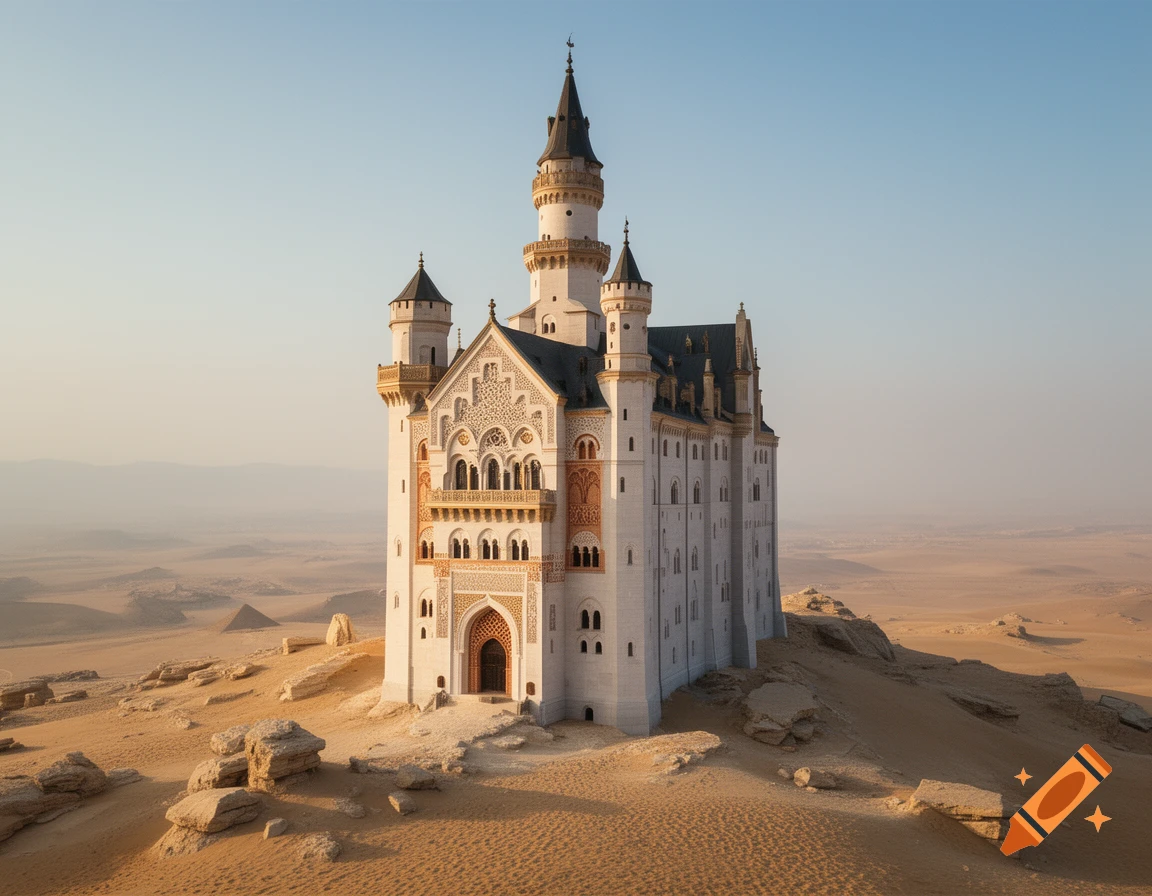 Photorealistic image of Schloss Neuschwanstein castle styled with Moorish architecture, situated on a desert plateau with sand and rocks.