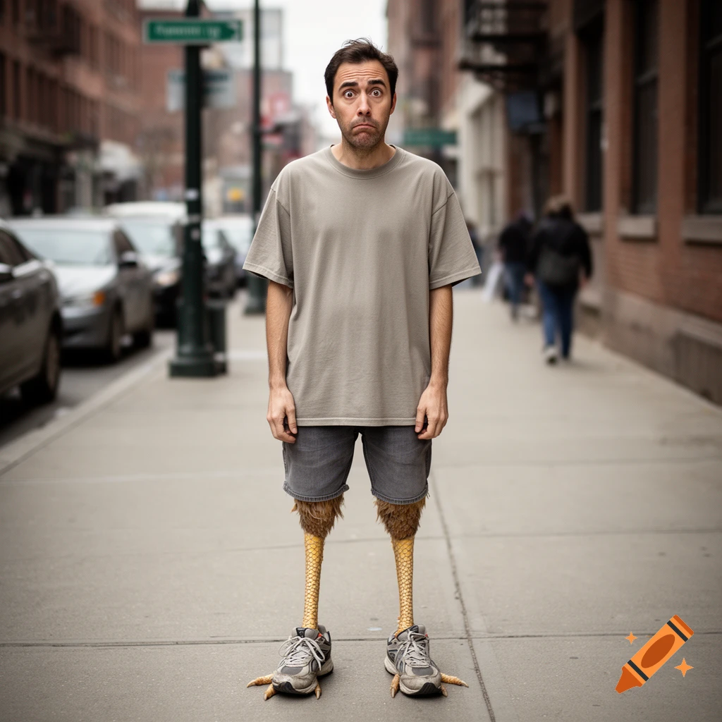 A photorealistic image of a man standing on a city sidewalk with skinny chicken legs and sneakers.