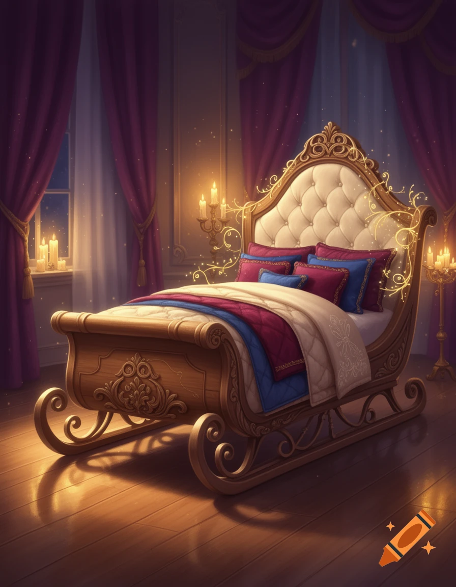 A stylized sleigh bed with tufted headboard, red and blue bedding, in a grand room with purple curtains and glowing candles, Disney style digital art.