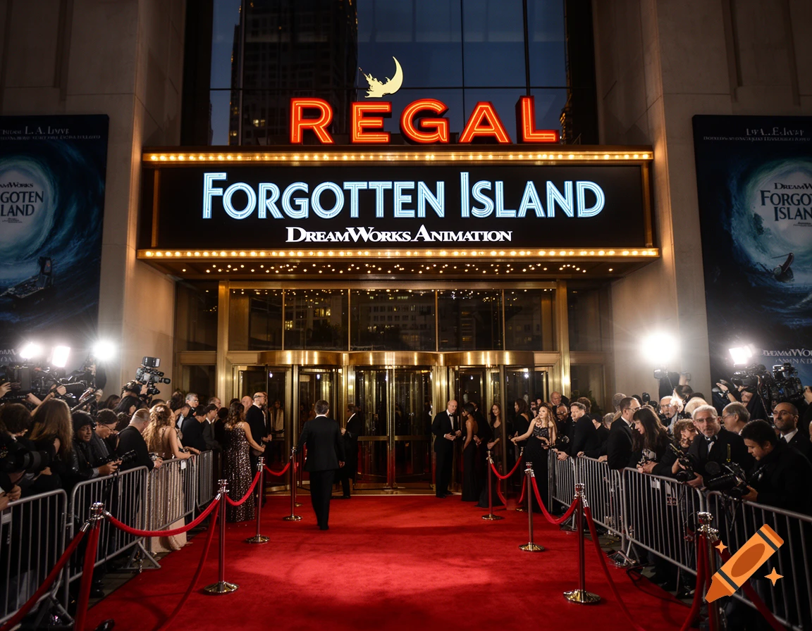 Photorealistic image of a red carpet premiere for the movie Forgotten Island at the Regal theater, surrounded by photographers and crowds.