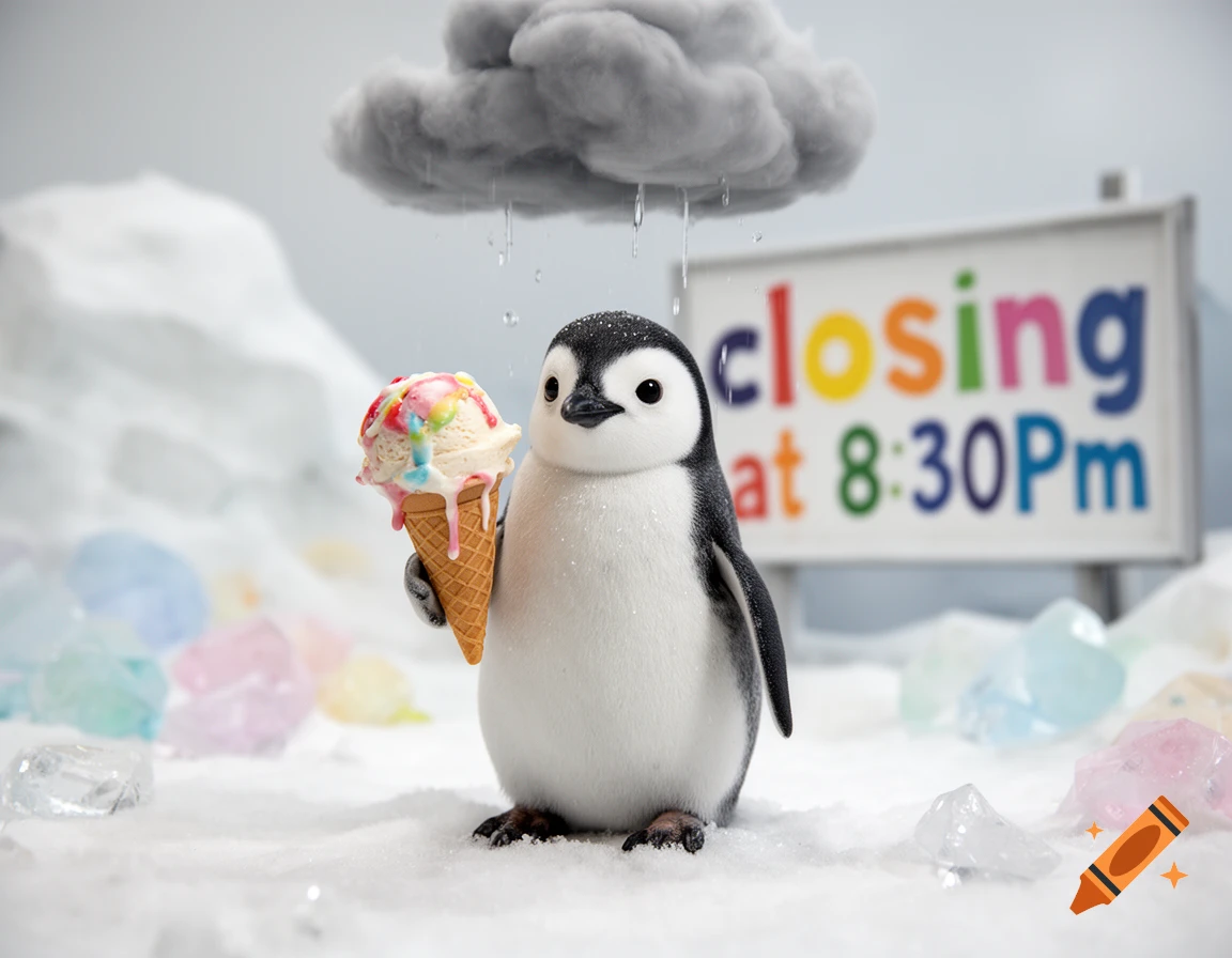 Photorealistic 3D render of a baby penguin holding an ice cream cone underneath a small rain cloud, with a sign reading 'closing at 8:30PM' in the background.