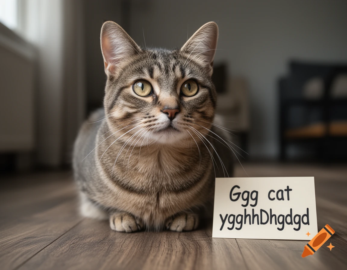 Photorealistic tabby cat sitting on a wooden floor next to a paper card with handwritten text.