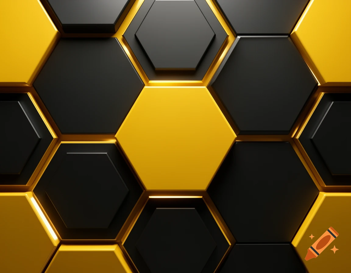 3D render of modern yellow and black honeycomb patterned background.