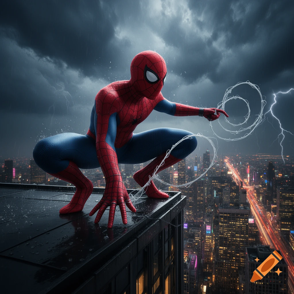 Spider-Man in a classic crouching pose on a rainy rooftop overlooking a glowing cityscape at night, cinematic photorealistic style.