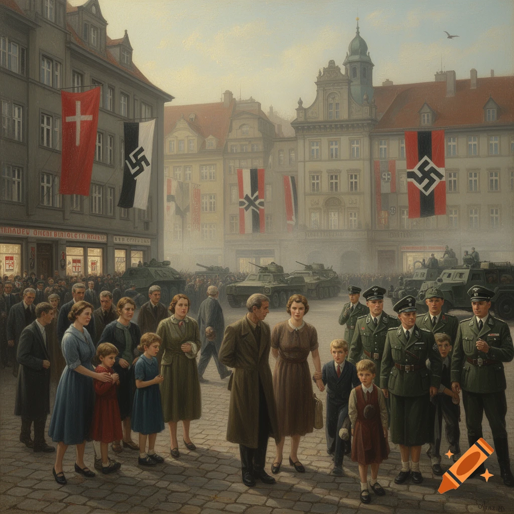 Oil painting of a German street scene in historical times with civilians, soldiers, and flags.