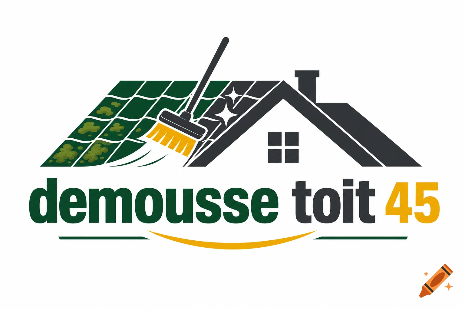 Logo for roof cleaning business with a house, roof, broom, and text demousse toit 45