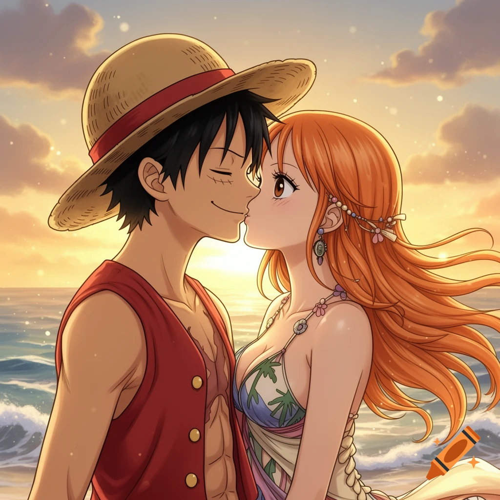 Anime style illustration of Monkey D. Luffy and Nami kissing on a beach at sunset.