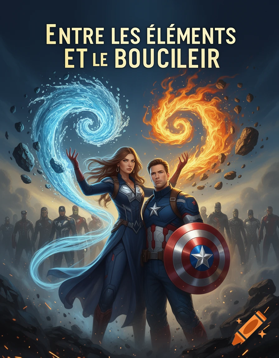 Wattpad book cover featuring Captain America and a female hero manipulating water and fire elements, with Avengers in the background.