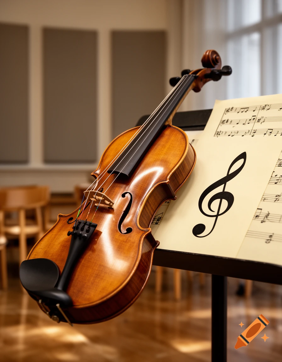 A photorealistic violin resting on a music stand with a treble clef sheet music.