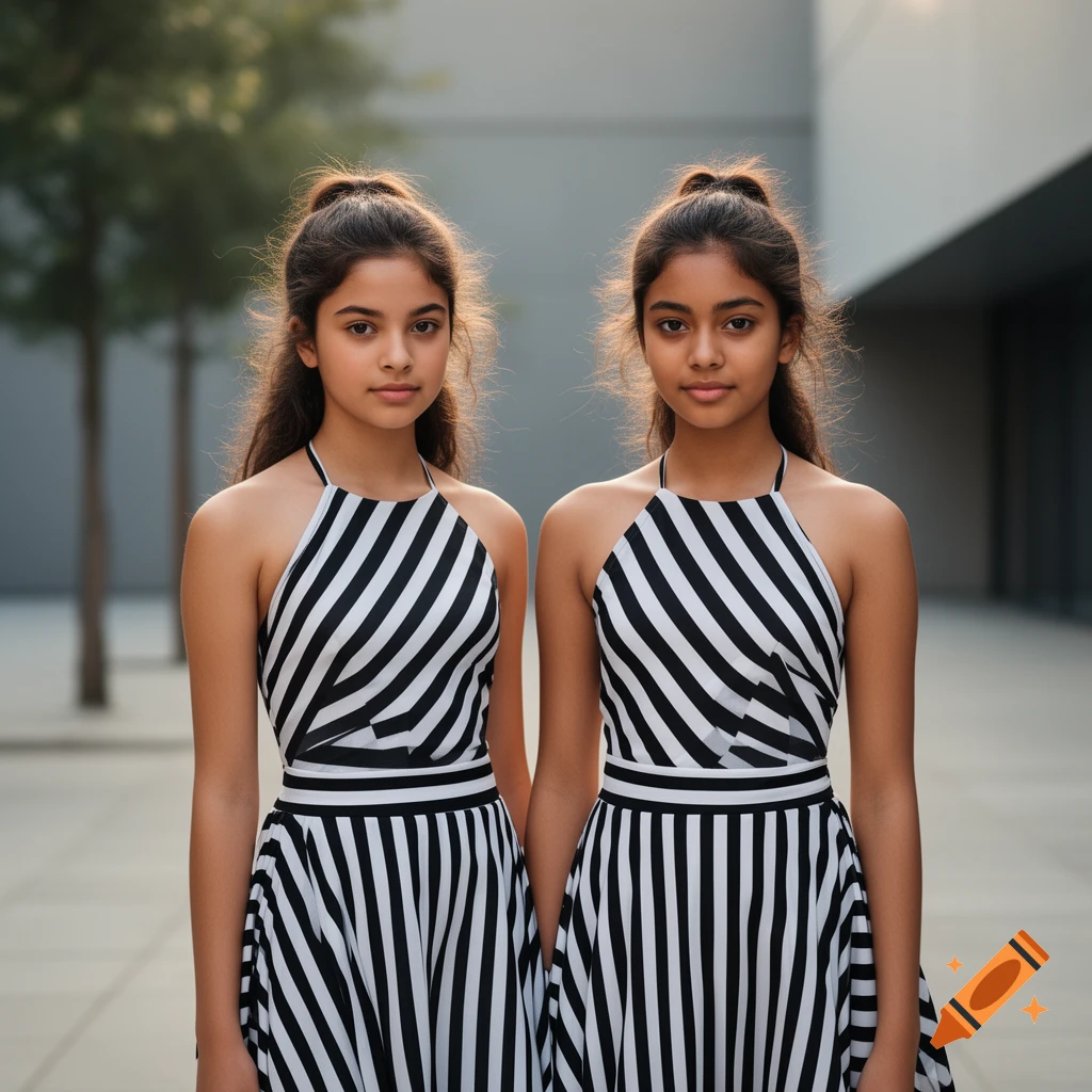 Photorealistic portrait of two mixed-race teen girls wearing matching black and white striped halter dresses outdoors.