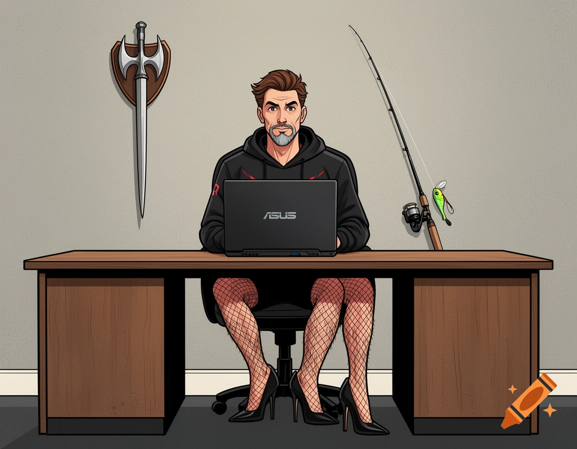 Comic style illustration of a man with a beard sitting at a desk with an Asus laptop, wearing fishnet stockings and high heels.