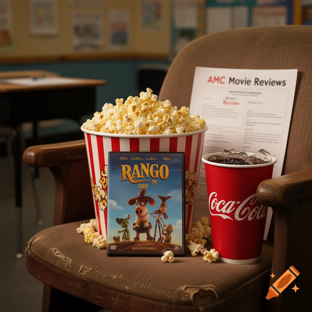 Photorealistic still life featuring a bucket of popcorn, a Coca-Cola cup, and the Rango DVD on a worn chair in a school setting.