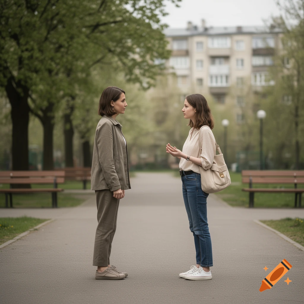 Photorealistic image of two women talking to each other while standing on a path in a park.