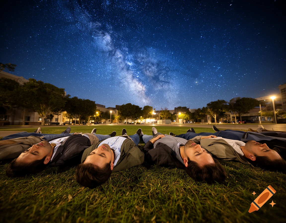 Several men lying on the grass at night, looking up at a starry sky with the Milky Way visible.