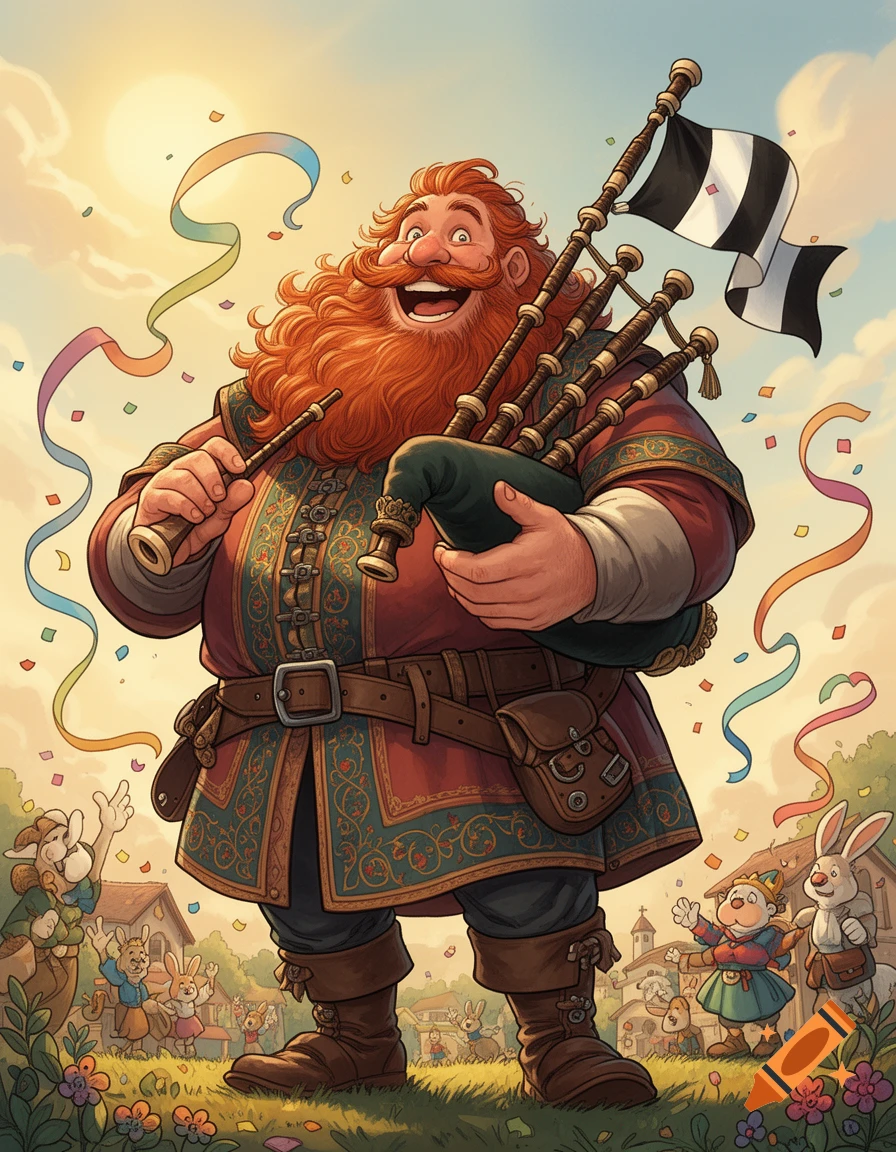 A cheerful, bearded giant playing bagpipes in a festive village setting, storybook illustration style.
