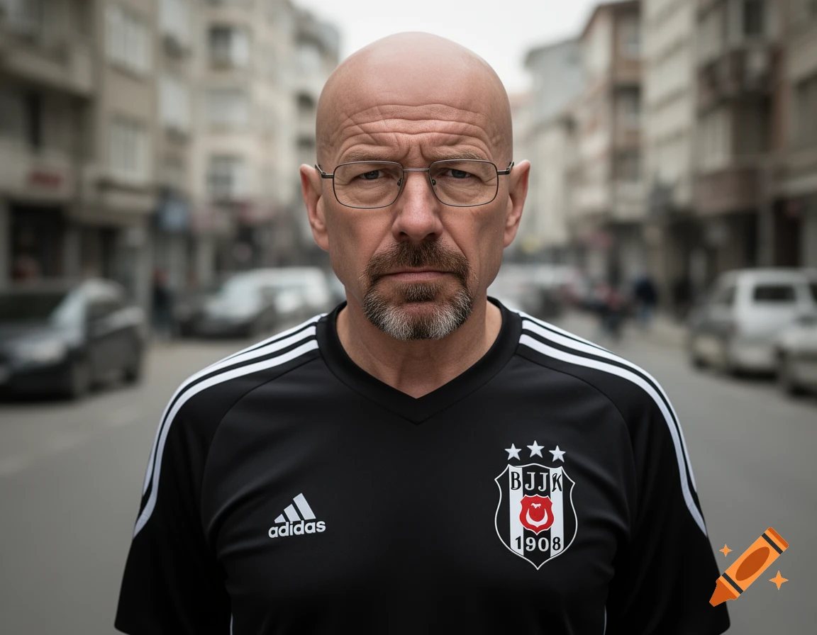 Photorealistic portrait of Walter White wearing a black Beşiktaş soccer jersey on a city street.