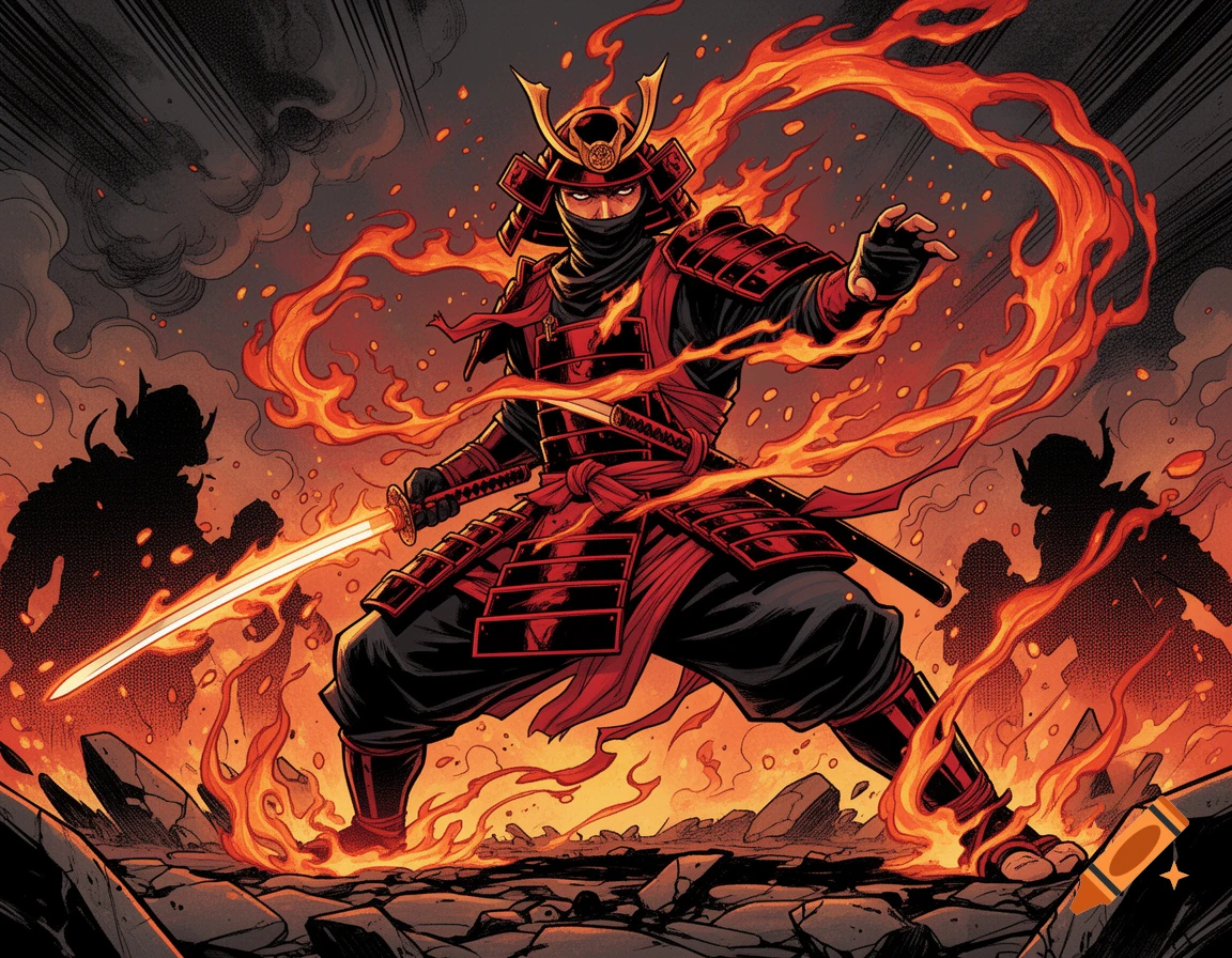 Comic book style illustration of a samurai warrior wielding a flaming sword surrounded by fire and silhouettes.