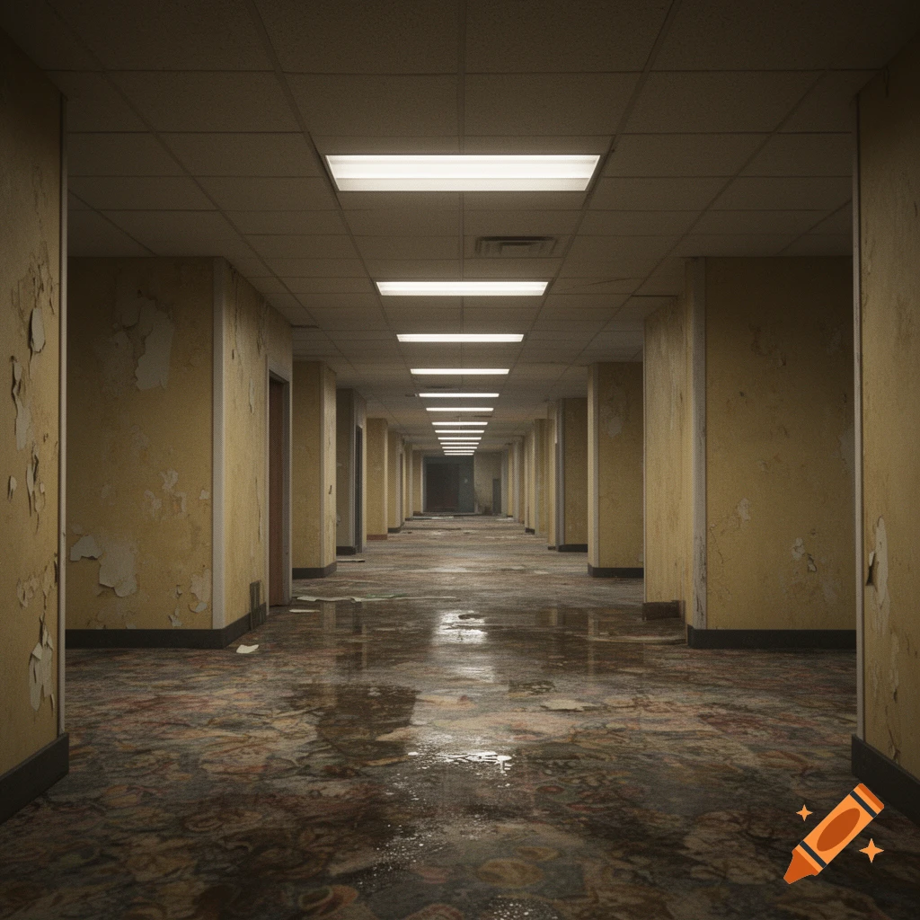 Photorealistic image of a long, narrow, empty hallway with yellow peeling wallpaper, stained carpet, and fluorescent ceiling lights.