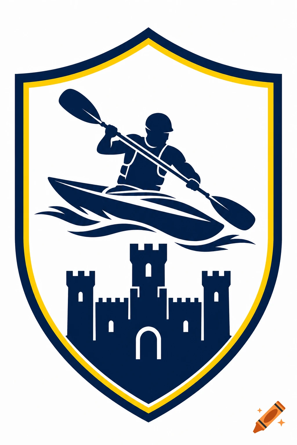 Vector sports club crest logo with a kayaker and a castle in navy blue and yellow on a white background.