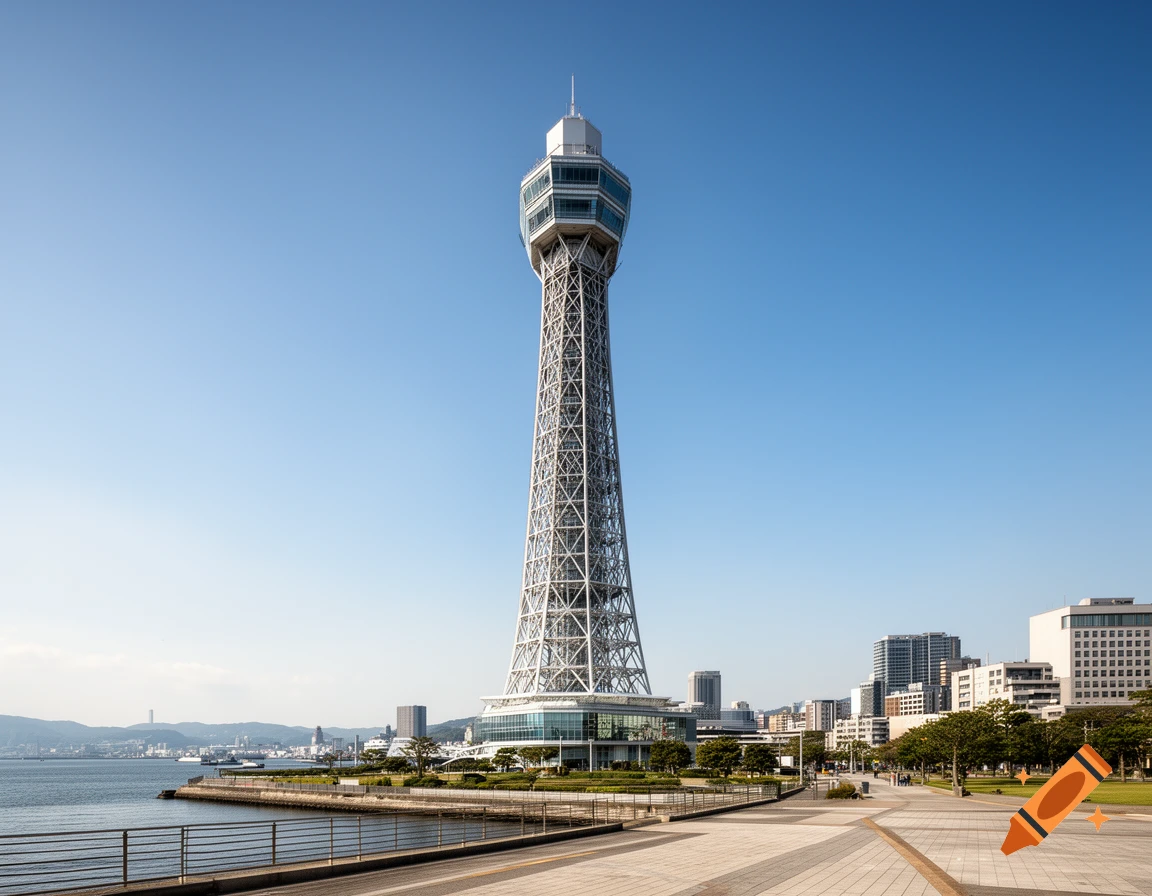 Photorealistic image of the Fukuoka Tower standing tall near the waterfront under a clear blue sky.