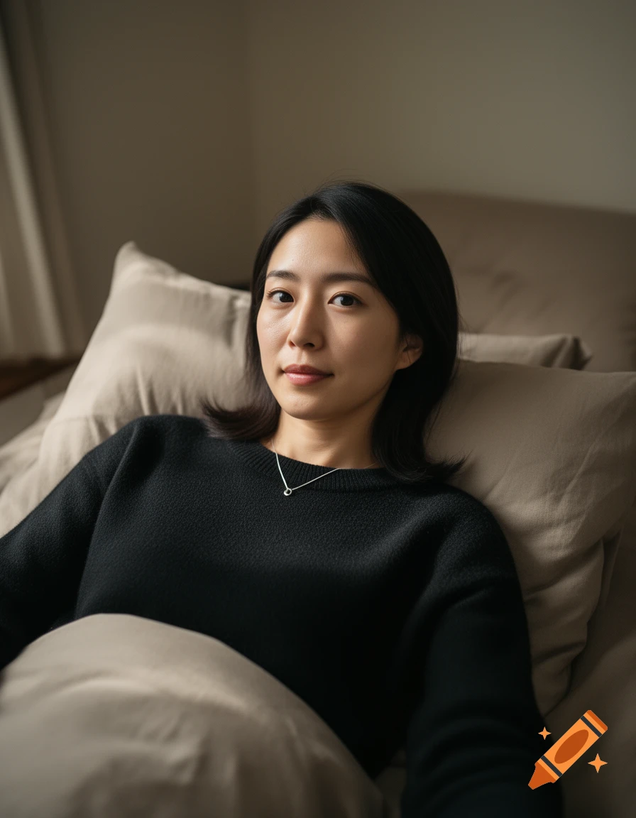 Photorealistic selfie of a young Japanese woman with black hair wearing a black sweater and silver necklace, lying in bed.
