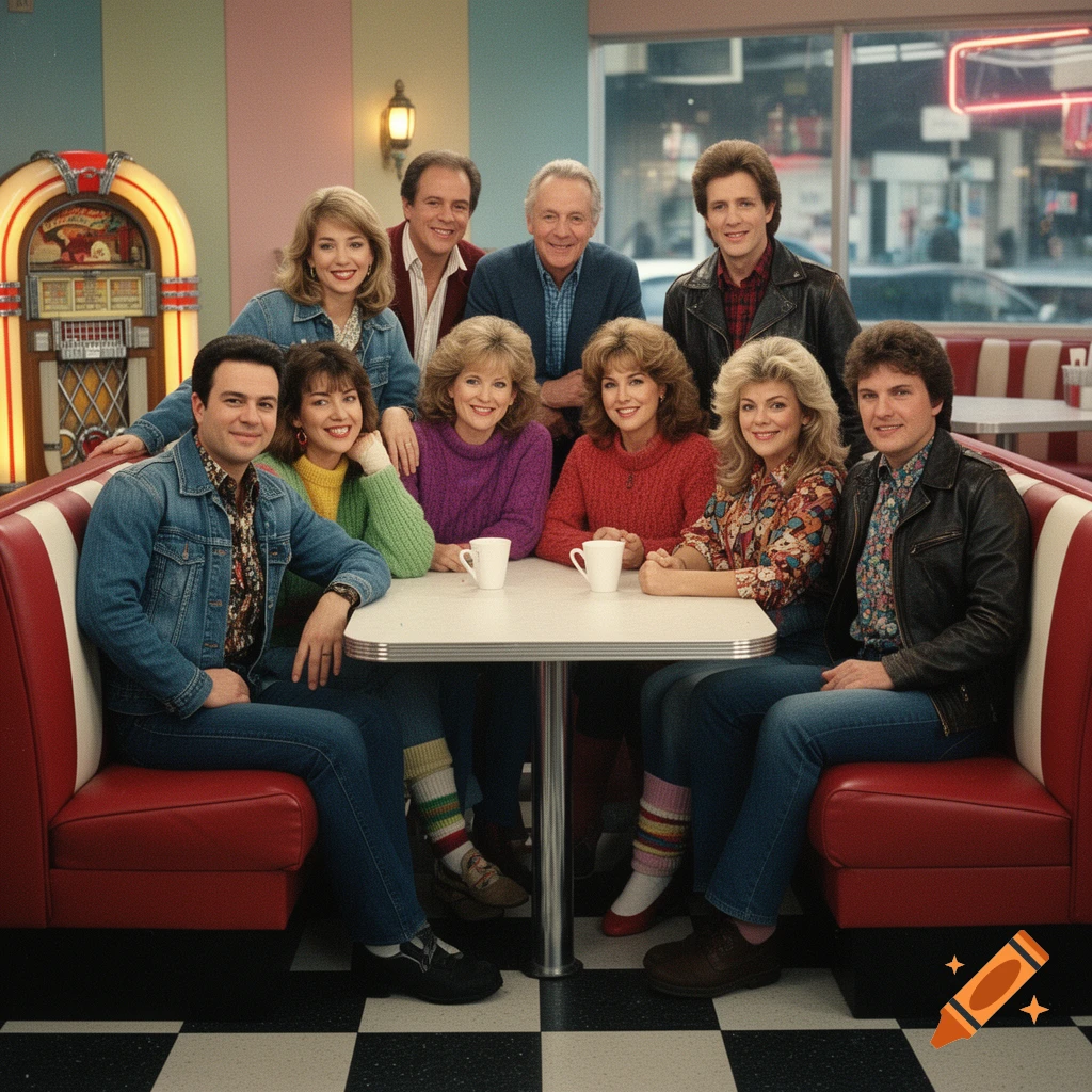 Group of nine people sitting in a retro diner booth with a jukebox in the background, 1980s television style.