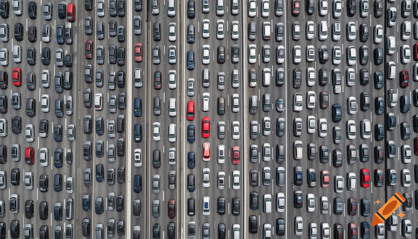 Aerial view of heavy traffic on a multi-lane highway completely packed with cars, with a few red cars scattered among them.